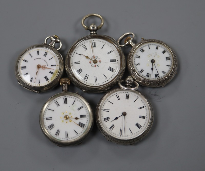 Three assorted continental white metal fob watches and two similar silver fob watches.